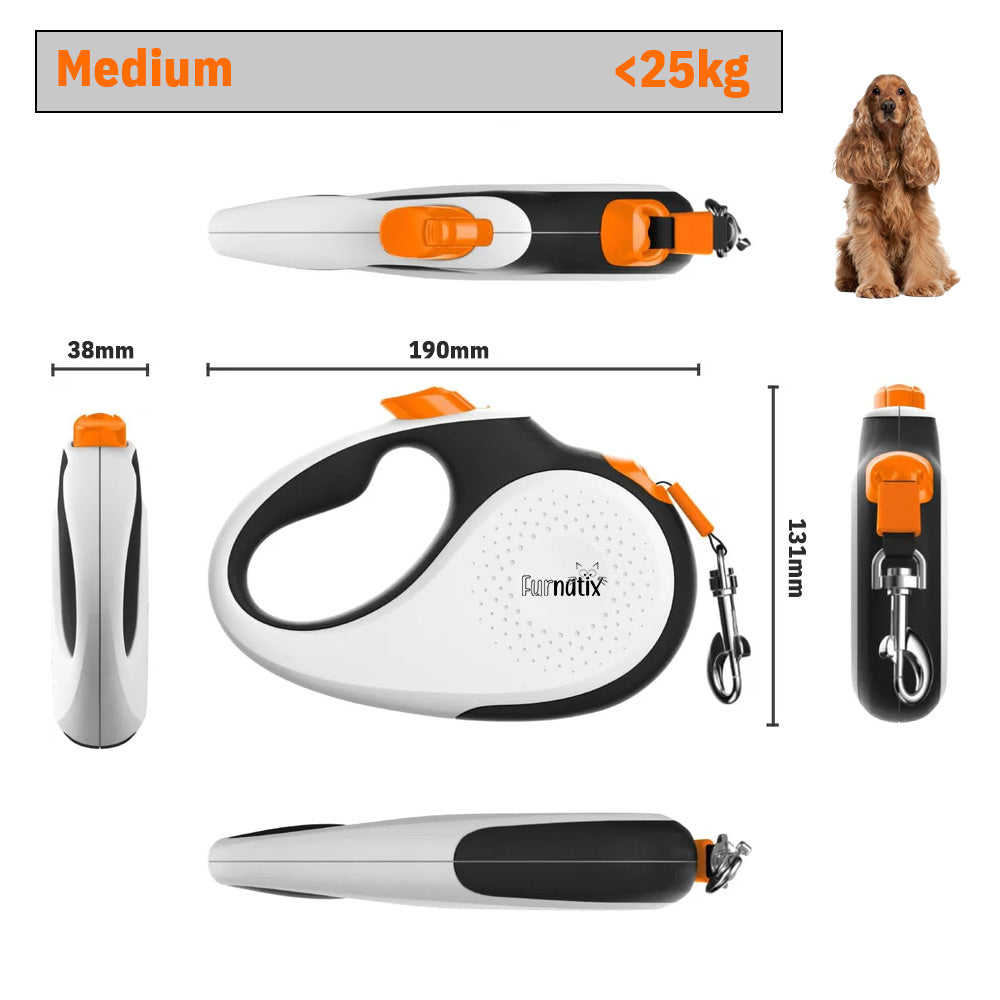 Retractable Dog Leash - Black, White and Orange